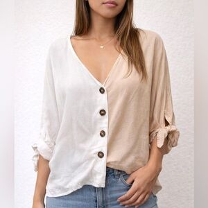 Valija Color Block Blouse White Beige Linen Blend Tie Sleeve Shirt S